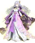 1girl bangs book breasts cape closed_mouth deirdre_(fire_emblem) dress fire_emblem fire_emblem:_genealogy_of_the_holy_war fire_emblem_heroes full_body gold_trim haimura_kiyotaka hair_ornament highres holding holding_book lips long_dress long_hair long_skirt long_sleeves looking_at_viewer medium_breasts non-web_source official_art purple_eyes purple_hair sandals skirt smile solo sparkle standing toeless_footwear toes transparent_background 