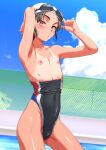  1boy armpits arms_up black_hair blue_sky blurry blurry_background blush bulge closed_mouth cloud cloudy_sky commentary_request competition_swimsuit covered_navel cowboy_shot crossdressing dutch_angle goggles goggles_on_headwear highleg highleg_swimsuit highres looking_at_viewer male_focus multicolored_clothes multicolored_swimsuit nipples one-piece_swimsuit one-piece_tan orange_eyes original otoko_no_ko outdoors partially_undressed puffy_nipples sky solo standing swimsuit tan tanlines thighs wet yah_yah_6 