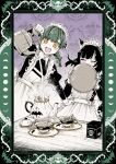  :d absurdres animal_ears animal_print apron bangs bat_print black_hair blush border box braid cat_ears cat_girl closed_eyes covering_mouth cup dress fingernails green_hair hgr_(higure) highres holding holding_kettle holding_tray ivy_(kaibutsu_maid) juliet_sleeves kaibutsu_maid_no_kareinaru_oshigoto kettle long_fingernails long_hair long_sleeves looking_at_viewer maid maid_headdress moon_phases parted_bangs pouring puffy_sleeves saucer screw_in_head smile strainer sumire_(kaibutsu_maid) sweat table tea teacup teapot tray twin_braids yellow_eyes 