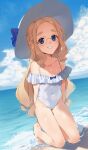  1girl 2l_(2lsize) beach blonde_hair blue_bow blue_eyes blue_sky blush bow braid breasts cloud commentary_request day forehead french_braid glasses hat hat_bow highres kneeling long_hair looking_at_viewer medium_breasts ocean one-piece_swimsuit original outdoors parted_lips sandals sky smile solo sun_hat swimsuit very_long_hair water white_footwear white_headwear white_one-piece_swimsuit 