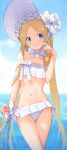  1girl abigail_williams_(fate) abigail_williams_(swimsuit_foreigner)_(fate) abigail_williams_(swimsuit_foreigner)_(third_ascension)_(fate) absurdres bangs bare_shoulders bikini blonde_hair blue_eyes blush bonnet bow breasts fate/grand_order fate_(series) forehead hair_bow highres kazuma_muramasa long_hair looking_at_viewer miniskirt navel parted_bangs sidelocks skirt small_breasts smile solo swimsuit thighs twintails very_long_hair white_bikini white_bow white_headwear 