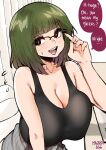  1girl breasts collarbone glasses green_hair highres large_breasts looking_at_viewer norman_maggot open_mouth original solo speech_bubble sweat upper_body 