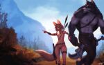  1boy 1girl abs animal_ears armlet artist_name ass_visible_through_thighs axe backlighting belt blue_eyes body_fur braid couple day earrings einar_(personal_ami) fantasy flat_chest flintstone forest fox_ears fox_tail furry furry_male furry_with_non-furry grey_fur height_difference hetero highres holding holding_axe interspecies jewelry khiara_(personal_ami) light_brown_hair long_tail mountain muscular muscular_male nature necklace nude orange_eyes original outdoors pendant personal_ami petite pointing pointing_forward polearm pussy sheath sheathed shield short_hair snout spear sword tail thick_thighs thighs tooth_necklace topless_male tribal vambraces walking weapon weapon_on_back werewolf wide_hips wolf_ears wooden_shield 