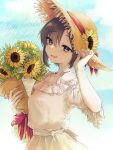  1girl :d adjusting_clothes adjusting_headwear ayuko_ammobium bangs birthday black_eyes black_hair blush bouquet breasts character_name cloud commentary dress flower hair_between_eyes hat hat_flower highres holding holding_bouquet idolmaster idolmaster_(classic) kikuchi_makoto open_mouth raised_eyebrows sky small_breasts smile solo straw_hat sun_hat sundress sunflower teeth upper_body upper_teeth white_dress yellow_flower 