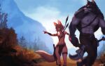  1boy 1girl abs animal_ears armlet artist_name ass_visible_through_thighs axe backlighting belt blue_eyes body_fur braid couple day earrings einar_(personal_ami) fantasy flat_chest flintstone forest fox_ears fox_tail furry furry_male furry_with_non-furry grey_fur height_difference hetero highres holding holding_axe interspecies jewelry khiara_(personal_ami) light_brown_hair long_tail mountain muscular muscular_male nature necklace orange_eyes original outdoors pelvic_curtain pendant personal_ami petite pointing pointing_forward polearm sheath sheathed shield short_hair snout spear sword tail thick_thighs thighs tooth_necklace topless_male tribal vambraces walking weapon weapon_on_back werewolf wide_hips wolf_ears wooden_shield 