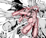  blood chainsaw chainsaw_devil chainsaw_man character_request commentary_request extra_arms highres long_tongue male_focus monochrome monster multiple_boys nomomono_eraser open_mouth sharp_teeth simple_background spikes teeth tongue veins weapon 