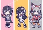  3girls 4600ns african_penguin_(kemono_friends) animal_costume animal_ear_fluff animal_ears black_hair blazer elbow_gloves fox_ears fox_girl fox_tail gloves grey_hair humboldt_penguin_(kemono_friends) island_fox_(kemono_friends) jacket kemono_friends kemono_friends_v_project kneehighs long_hair looking_at_viewer microphone multicolored_hair multiple_girls necktie orange_hair penguin_costume penguin_girl shirt short_hair simple_background skirt sleeveless sleeveless_shirt socks tail virtual_youtuber 