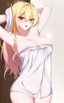  1girl arm_up armpits arms_up bangs bare_shoulders blonde_hair blush breasts brown_eyes cleavage collarbone gradient_hair highres huge_breasts long_hair looking_at_viewer mole mole_under_eye multicolored_hair naked_towel nude open_mouth original pink_hair solo thighs towel utsumi_karmin wet wet_hair 