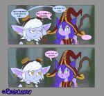  blue_body blush clothing comic dialogue duo female green_eyes hair hi_res humanoid league_of_legends long_hair lulu_(lol) purple_body purple_hair ringo-0 riot_games short_stack simple_background tristana_(lol) video_games white_hair yellow_eyes yordle 