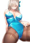  1girl asuna_(blue_archive) asuna_(bunny)_(blue_archive) bangs blue_archive blue_eyes blue_leotard blue_ribbon blush breasts brown_pantyhose cleavage grin hair_over_one_eye hair_ribbon kibanda_gohan large_breasts leotard light_brown_hair long_hair looking_at_viewer mole mole_on_breast pantyhose ribbon simple_background smile solo strapless strapless_leotard white_background 