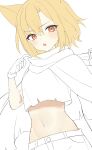  1girl arknights bangs blonde_hair crop_top fang fingerless_gloves gloves groin hair_between_eyes hand_up highres looking_at_viewer midriff nagute navel open_mouth parted_bangs red_eyes shorts simple_background solo unfinished vermeil_(arknights) white_background 