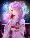  1girl :p absurdres aerial_fireworks braid candy_apple demon_tail ear_piercing fireworks food green_eyes highres holding holding_food hololive hoshino_reiji japanese_clothes kimono long_hair obi parted_lips piercing purple_hair sash solo tail tail_ornament tail_piercing tokoyami_towa tongue tongue_out virtual_youtuber yukata 
