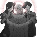  1boy 1girl 1other armor arval_(fire_emblem) bangs blush breasts cape choker cleavage closed_eyes closed_mouth dual_persona fire_emblem fire_emblem:_three_houses fire_emblem_warriors:_three_hopes fkms_szrr hair_bun hair_over_one_eye highres large_breasts long_hair looking_at_viewer purple_eyes red_eyes shez_(fire_emblem) shez_(fire_emblem)_(female) shez_(fire_emblem)_(male) short_hair simple_background smile white_hair 