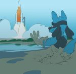  anthro black_body black_fur blazera blue_body blue_fur butt flat_colors fur generation_4_pokemon green_eyes hi_res lucario male mud mud_bath muddy nintendo nude outside pokemon pokemon_(species) rocket sebastian_(lucario) smile solo video_games 