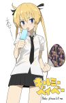  1girl black_necktie black_ribbon black_skirt blonde_hair blue_eyes blush copyright_name drawdrawdeimos food hair_between_eyes hair_ribbon hand_fan highres holding holding_fan hot kill_me_baby licking long_hair looking_at_viewer necktie pleated_skirt popsicle ribbon see-through see-through_shirt shirt short_sleeves simple_background skirt solo sonya_(kill_me_baby) sweat tongue tongue_out twintails white_background white_shirt 