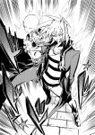  1boy 1other arm_around_shoulder bakura_ryou coat commentary_request dark_necrofear duel_monster evil_grin evil_smile from_above full_body greyscale grin hands_in_pockets highres jewelry jojo_no_kimyou_na_bouken jojo_pose male_focus millennium_ring monochrome nomomono_eraser open_clothes open_coat pose shirt smile sound_effects spiked_hair stand_(jojo) standing star_(symbol) striped striped_shirt yu-gi-oh! 
