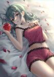  1girl absurdres apple aqua_eyes aqua_hair aqua_nails bed_sheet blush breasts camisole collarbone eyeshadow food frilled_camisole frills fruit hair_between_eyes hair_down hand_on_own_chest hatsune_miku highres holding holding_food holding_fruit long_hair lying makeup medium_breasts midriff navel on_back on_bed pajamas pale_skin parted_lips petals pink_camisole polka_dot polka_dot_camisole red_apple sleepwear solo thighs vocaloid wolla 