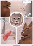  3d_(artwork) ambiguous_gender anatomically_correct anatomically_correct_genitalia animal_genitalia animal_penis anthro aroused balls bathroom blush bodily_fluids canid canine canis close-up comic cum cum_drip cum_in_mouth cum_inside cum_marking cum_on_body cum_on_eyewear cum_on_face cum_on_glasses cum_on_tongue cum_string cumshot dialogue digital_media_(artwork) dripping duo ejaculating_cum ejaculation english_text erection eyewear felid feline_penis genital_close_up genital_fluids genitals glasses hi_res holding_penis jackal kneeling mammal mynka nude on_another open_mouth orgasm pantherine penis sheath speech_bubble text tongue 
