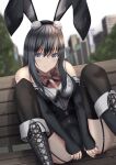  1girl animal_ear_fluff animal_ears araishi_maro arms_between_legs bench black_hair black_thighhighs blue_eyes blurry blurry_background boots breasts building closed_mouth commentary_request cross-laced_footwear dot_nose elbow_gloves fake_animal_ears feet_out_of_frame fingerless_gloves garter_straps gloves hair_between_eyes highres knee_boots long_hair looking_at_viewer m_legs original outdoors playboy_bunny shadow sitting slouching solo spread_legs thighhighs thighs tree wooden_bench 