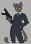  2022 427deer absurd_res anthro black_tie_(suit) clothing domestic_cat felid feline felis female grey_background gun hand_in_pocket head_tuft hi_res mammal mp5 necktie pockets ranged_weapon simple_background solo submachine_gun suit tomboy topwear tuft vest weapon yellow_eyes 