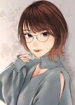  1girl bangs brown_hair closed_mouth expressionless glasses grey_eyes grey_sweater hand_up highres lips lipstick long_sleeves looking_at_viewer makeup mole mole_under_eye nail_polish original round_eyewear saitou_(lynx-shrike) short_hair solo sweater turtleneck turtleneck_sweater 