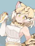  1girl :t animal_ear_fluff animal_ears blonde_hair blue_background blush bow bowtie breasts brown_hair cat_ears cat_girl cat_tail closed_mouth commentary_request eating elbow_gloves food gloves highres japari_bun kemono_friends large_breasts multicolored_hair print_bow print_bowtie sand_cat_(kemono_friends) shirt short_hair sideboob sleeveless sleeveless_shirt solo streaked_hair tail upper_body white_shirt yayuyoyayuyo yellow_eyes 