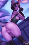  1girl animal_ears anus arm_tattoo artist_name ass avatar_(wow) bent_over black_hair blurry blurry_background colored_skin earrings elf english_commentary facial_tattoo futanari grey_eyes highres jewelry laurie_(personalami) lips looking_at_viewer newhalf night_elf_(warcraft) nipples nose over-kneehighs parted_lips penis perineum personal_ami pointy_ears precum purple_skin slit_pupils smile solo standing tail tattoo teeth testicles thighhighs tucked_penis uncensored warcraft watermark world_of_warcraft 