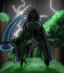  2022 4_legs anthro big_breasts black_sclera breasts clothed clothing creaper_(shieradevil) creeper_(minecraft) detailed_background digital_media_(artwork) fan_character female green_body hooded_cloak hooded_robe huge_breasts looking_at_viewer melee_weapon microsoft minecraft mojang not_furry outside polearm scythe shaded shieradevil sky solo thick_thighs video_games weapon white_eyes wide_hips xbox_game_studios 