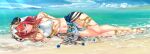  1girl bangs barefoot beach blue_gemstone blue_sky breasts clothing_cutout cloud crop_top day forehead_jewel full_body gem genshin_impact green_eyes harem_outfit highres horns kousaki_natsu large_breasts legs long_hair looking_at_viewer lying navel nilou_(genshin_impact) ocean on_side outdoors parted_bangs parted_lips red_hair shallow_water sky smile solo stomach toeless_footwear toes vambraces veil vision_(genshin_impact) water wet white_headdress 