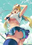  1girl alternate_hairstyle armpits arms_up ass bespectacled black-framed_eyewear blonde_hair blue_eyes blue_panties blue_sky blue_thighhighs bracelet breasts commentary_request commission crop_top crop_top_overhang from_behind from_below glasses happy hose jewelry long_hair low_twintails midriff no_bra official_alternate_costume one_eye_closed open_mouth panties pantyshot rainbow_mika school_uniform serafuku shirt skeb_commission sky smile solo street_fighter street_fighter_v thick_thighs thighhighs thighs toko_(tokkotoritori) twintails twisted_torso underboob underwear watch water wet wet_clothes wet_shirt wristwatch 