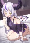  1girl absurdres ahoge bangs bare_legs barefoot bed_sheet black_shirt blush bottomless braid breasts collarbone crow_(la+_darknesss) dakimakura_(object) demon_girl demon_horns fang full_body grey_hair hand_up hashira_14 highres hololive horns indoors la+_darknesss long_hair medium_breasts multicolored_hair off_shoulder on_bed open_mouth pillow pointy_ears purple_hair seiza shirt short_sleeves sidelocks sitting skin_fang solo streaked_hair striped_horns thighs tokoyami_towa two-tone_hair virtual_youtuber yellow_eyes 