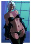  angel_(kof) blue_eyes breasts chaps gloves hair_over_one_eye highres jacket large_breasts leather leather_jacket panties the_king_of_fighters toned underwear wallace_pires white_hair 