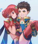  1boy 1girl bangs breasts brown_hair carrying chest_jewel commentary earrings fingerless_gloves gem gloves grin gxp hair_ornament headpiece hetero highres jewelry looking_at_another medium_breasts princess_carry pyra_(xenoblade) red_eyes red_hair rex_(xenoblade) short_hair shorts smile sweatdrop swept_bangs thighhighs tiara xenoblade_chronicles_(series) xenoblade_chronicles_2 