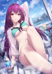  1girl bangs bare_shoulders bikini black_bikini breasts cleavage collarbone fate/grand_order fate_(series) gabiran green_bikini hair_between_eyes large_breasts long_hair long_sleeves looking_at_viewer navel open_clothes open_shirt purple_hair red_eyes scathach_(fate) scathach_skadi_(fate) scathach_skadi_(swimsuit_ruler)_(fate) scathach_skadi_(swimsuit_ruler)_(final_ascension)_(fate) see-through smile solo swimsuit thighs two-tone_bikini 