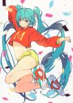  1girl absurdly_long_hair airborne aqua_eyes aqua_hair arm_behind_head arm_up bangs blurry blurry_foreground blush breasts character_name confetti cropped_hoodie denim denim_shorts eyelashes full_body groin hair_between_eyes hatsune_miku highres hood hood_down hoodie long_hair looking_at_viewer multicolored_footwear nachoz_(nachozart) navel open_hand orange_hoodie shoelaces shoes shorts sleeves_past_elbows small_breasts smile sneakers solo stomach teeth twintails twitter_username underboob very_long_hair vocaloid white_background yellow_shorts 