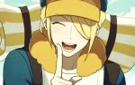  1boy :d blonde_hair closed_eyes commentary day facing_viewer hair_over_one_eye hand_up happy hat index_finger_raised jumpsuit male_focus open_mouth outdoors pokemon pokemon_(game) pokemon_legends:_arceus short_hair smile solo ssalbulre strap teeth tongue volo_(pokemon) yellow_headwear 
