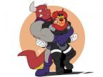  anthro armor bear_hug boots clothing duo fangs felid footwear hikazedragon hybrid inferno_sabercat liger lion male male/male mammal mane pantherine red_mane sabertooth_(anatomy) spandex super_sentai tight_clothing uchu_sentai_kyuranger 