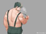  1boy absurdres back bara black_hair facial_hair green_overalls grey_background highres looking_back male_focus muscular muscular_male original overalls short_hair sideburns simple_background smile solo sweat upper_body weibo_7540192405 weibo_username 