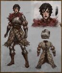  1girl armor azure_meraki black_hair border breastplate brown_border brown_footwear carmina_(azure_meraki) closed_mouth dated gambeson gauntlets grey_eyes highres looking_at_viewer multiple_views original short_hair signature standing 