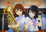  2girls :d artist_request bangs blue_sailor_collar blue_skirt blush brown_eyes brown_hair euphonium hands_up hibike!_euphonium highres holding holding_instrument instrument kitauji_high_school_uniform kousaka_reina kyoto_animation long_hair looking_at_another multiple_girls neckerchief official_art open_mouth oumae_kumiko pink_neckerchief pleated_skirt purple_eyes purple_hair sailor_collar scan school_uniform serafuku shirt short_hair short_sleeves skirt smile uniform white_shirt 