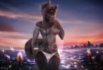  2022 absurd_res alenkavoxis anthro areola black_body black_fur breasts canid canine clothed clothing day detailed_background digital_media_(artwork) eyebrows eyelashes female fur hi_res mammal midriff navel nipples outside panties sky smile solo star starry_sky underwear 