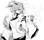  1girl agnes_tachyon_(umamusume) animal_ears bangs breasts coat commentary_request ear_piercing greyscale hair_between_eyes hexagon highres holding horse_ears horse_girl horse_tail jewelry labcoat large_breasts long_sleeves looking_at_viewer medium_hair monochrome necktie nomomono_eraser piercing short_necktie simple_background sleeves_past_fingers sleeves_past_wrists solo sweater_vest tail test_tube umamusume 