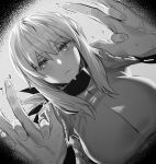  ! 1boy 1girl absurdres closed_mouth fate/grand_order fate_(series) fingernails florence_nightingale_(fate) fujimaru_ritsuka_(male) greyscale highres hxd interlocked_fingers looking_at_viewer monochrome pov sidelocks spoken_exclamation_mark trembling veins 