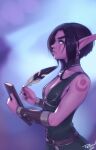  1girl absurdres artist_name avatar_(wow) black_hair breasts cleavage colored_skin elf english_commentary grey_eyes highres holding holding_quill laurie_(personalami) night_elf_(warcraft) personal_ami pointy_ears purple_skin quill short_hair sideboob sleeveless small_breasts solo upper_body warcraft watermark world_of_warcraft 