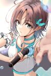  1girl \m/ asakura_toru bangs blurry bubble depth_of_field earrings foreshortening highres holding holding_microphone idol idolmaster idolmaster_shiny_colors jewelry light_purple_hair looking_at_viewer microphone nail_polish nanahoshi_kou parted_bangs pose reaching_out short_hair solo 