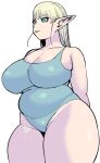  big_breasts blonde_hair blue_eyes breast_play breasts clothing elf elfuda_(plus-sized_elf) female hair humanoid humanoid_pointy_ears looking_away mammal one-piece_swimsuit overweight overweight_female plus-sized_elf simple_background slightly_chubby solo swimwear synecdoche thick_thighs 