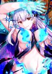  1girl absurdres arm_up armpits bangs bare_shoulders blue_fire blue_hair blush body_markings breasts earrings fate/grand_order fate_(series) fire flower grin hair_flower hair_ornament hair_ribbon highres jewelry kama_(fate) kama_(swimsuit_avenger)_(fate) large_breasts long_hair looking_at_viewer lotus multicolored_hair navel red_eyes revealing_clothes ribbon shong smile solo star_(symbol) star_earrings two-tone_hair white_hair 