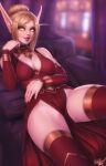  1girl avatar_(wow) blonde_hair blood_elf_(warcraft) blurry blurry_background body_freckles breasts closed_mouth cocktail_dress colored_sclera commission curtains depth_of_field detached_sleeves dress fingernails freckles hair_bun hand_up highres indoors large_breasts lipstick long_eyebrows long_pointy_ears long_sleeves looking_at_viewer makeup nail_polish original pelvic_curtain personal_ami pointy_ears reclining red_dress red_lips red_nails red_thighhighs signature single_hair_bun sitting smile solo thighhighs warcraft world_of_warcraft yellow_eyes yellow_sclera 
