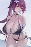  1girl bangs bare_shoulders bikini black_bikini blush breasts cleavage collarbone fate/grand_order fate_(series) food hair_between_eyes hair_ribbon highres kaneko_(bblogtinhan) large_breasts long_hair looking_at_viewer mouth_hold navel ponytail popsicle purple_hair red_eyes ribbon scathach_(fate) scathach_skadi_(fate) solo swimsuit thighs wand 