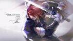  1boy black_cape cape copyright_name dated detached_sleeves fingerless_gloves gloves hair_over_one_eye holding holding_sword holding_weapon kratos_aurion male_focus parted_lips red_eyes red_hair shin_(sinsin12121) signature simple_background solo sword tales_of_(series) tales_of_symphonia twitter_username weapon white_gloves 